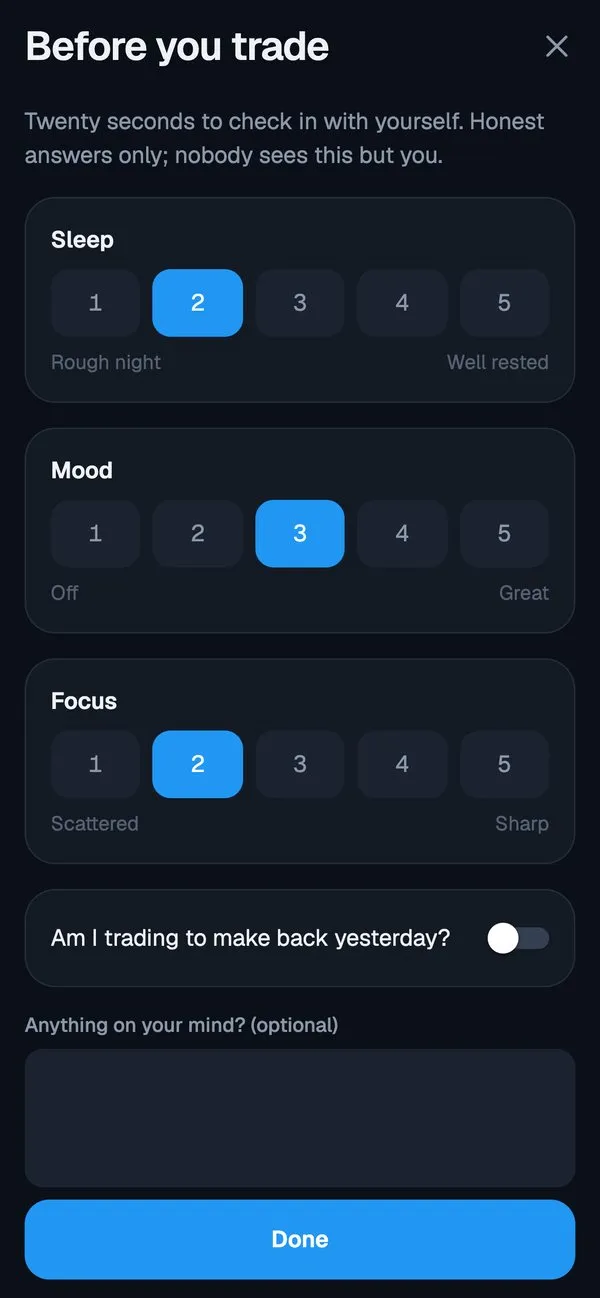 Before you trade, a twenty-second check-in on sleep, mood and focus.