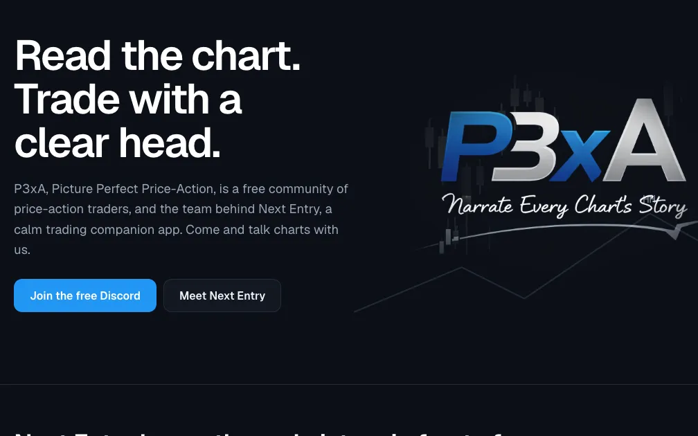 The P3xA homepage, headed "Read the chart. Trade with a clear head."