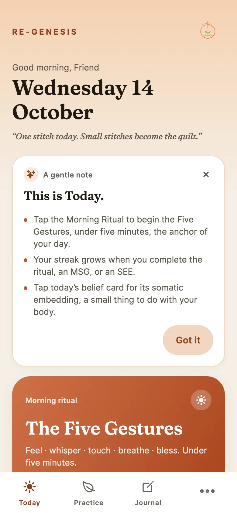 The re-Genesis app’s Today screen: the date, a gentle note and the Five Gestures morning ritual.