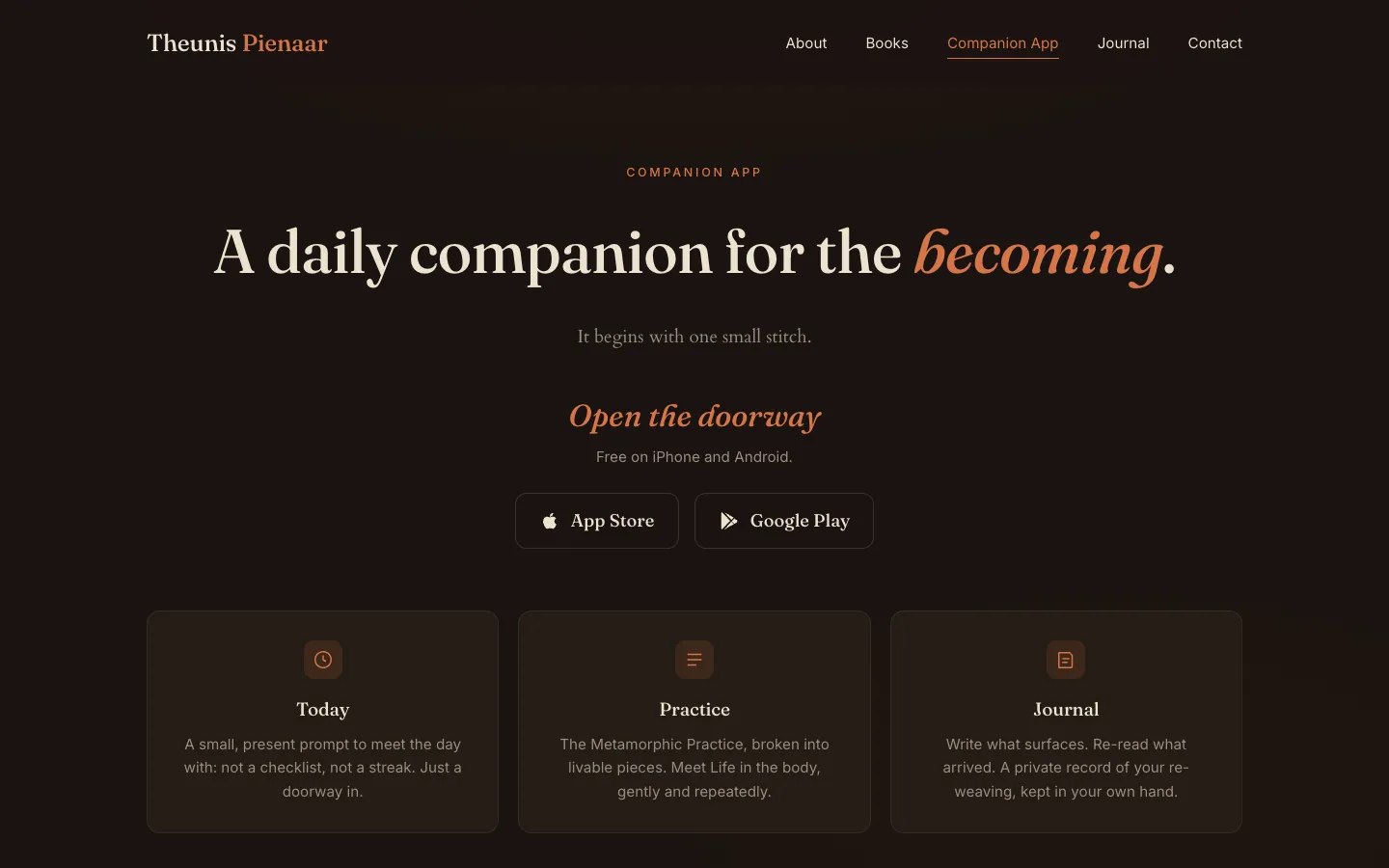The re-Genesis companion app page on theunispienaar.com, with App Store and Google Play buttons.