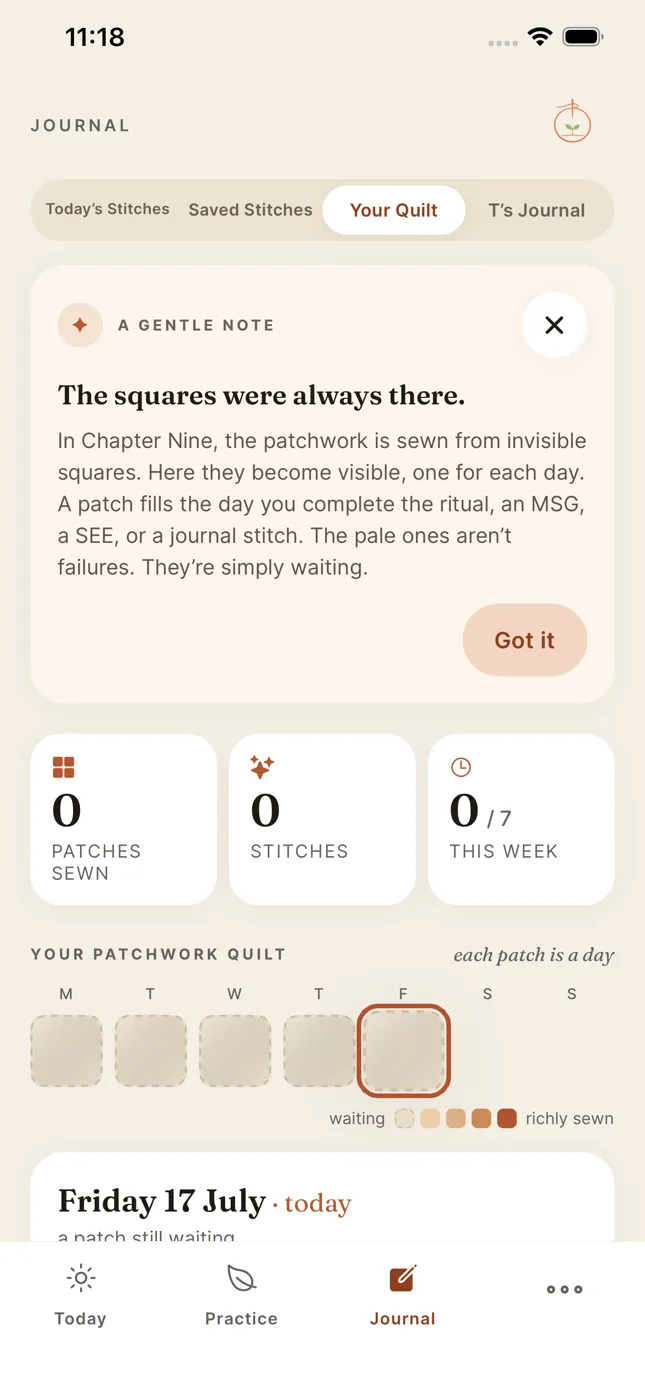 The Journal’s patchwork quilt, one patch for each day of practice.